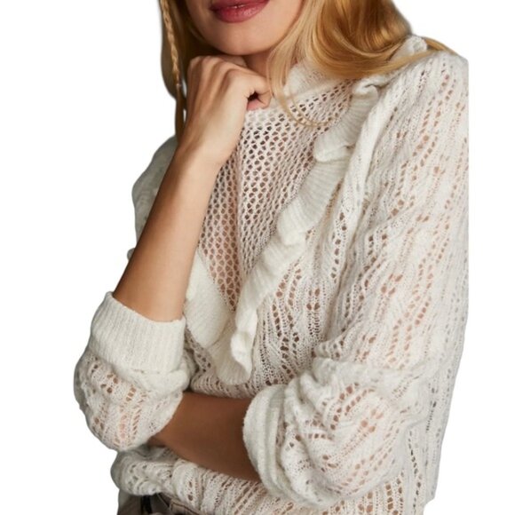 Bishop + Young ruffled v-neck open knit crochet sweater XS excellent condition - Picture 3 of 14